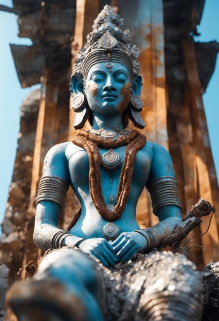 cinematic captivating photo of huge tantric female  deity panter made solely out of las040 rubble, rusted metal pipes, rusted wires, broken glass, bokeh, medium shot from below, off center, 4k, uhd, high detals, high quality, soft light, focus on face, light blue silver, fog, sun rays, spiritual