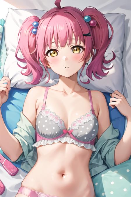 tennouji_rina_loveliveschoolidolfestivalallstars pink_hair, bangs, ahoge, blunt_bangs, yellow_eyes, short_hair, blush, blunt_ends