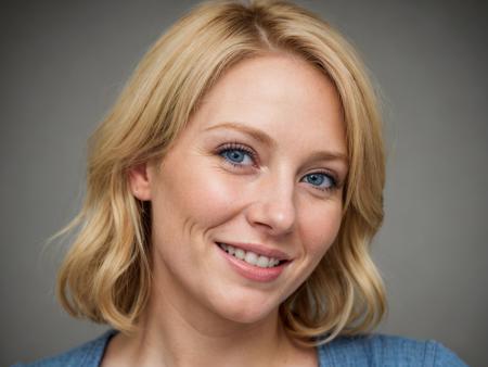 a 35 years old woman, blonde red, blue eyes, smiling, ((looking away from the camera point of view))