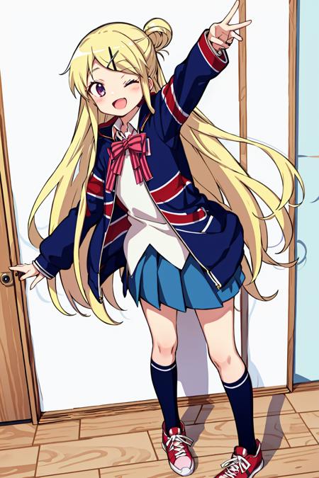 kujo karen, union jack jacket, striped bow, white shirt, long sleeves, pleated skirt, blue skirt,  kneehighs, sneakers, full body, indoors, school, standing, smile, open mouth, one eye closed,    <lyco:kujo-karen_v3:0.9>