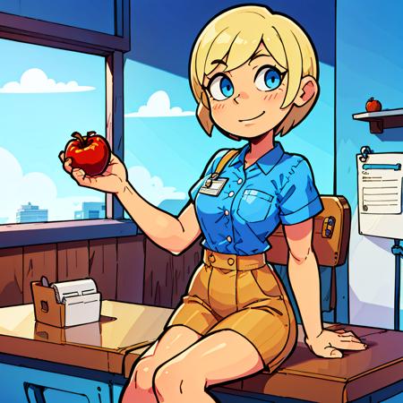 woman, blue blouse with pocket, buttons, id card badge, short blonde hair, blue eyes, sitting, holding red apple, wooden desk, hand on papers, cup with red pen on desk, chair, from front, blush, blue wall, wooden panels, window, cityscape, tree <lora:woman_with_apple_01-000006:1>