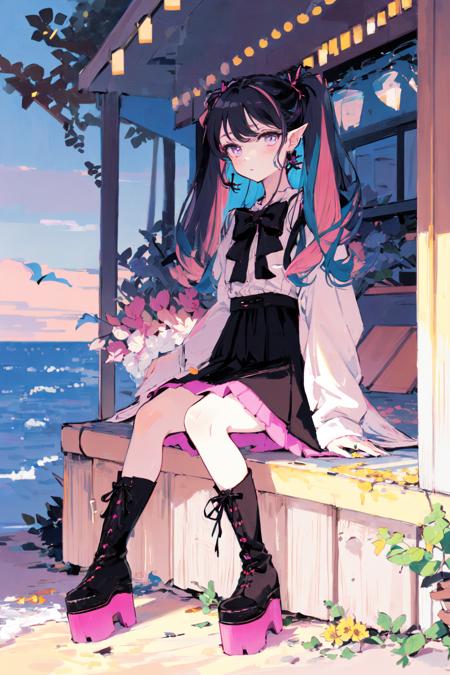 (masterpiece:1.2), best quality,PIXIV, Sweet girl
1girl, multicolored hair, solo, purple eyes, pink hair, platform footwear, black hair, food, long hair, sitting, bow, boots, twintails, long sleeves, bangs, black footwear, black bow, hair bow, skirt, full body, looking at viewer, shirt, virtual youtuber, jewelry, ribbon, candy, dress, earrings, pointy ears, lollipop, streaked hair, holding, purple hair, two-tone hair
 <lora:Sweet girl p_20231030174934:1>