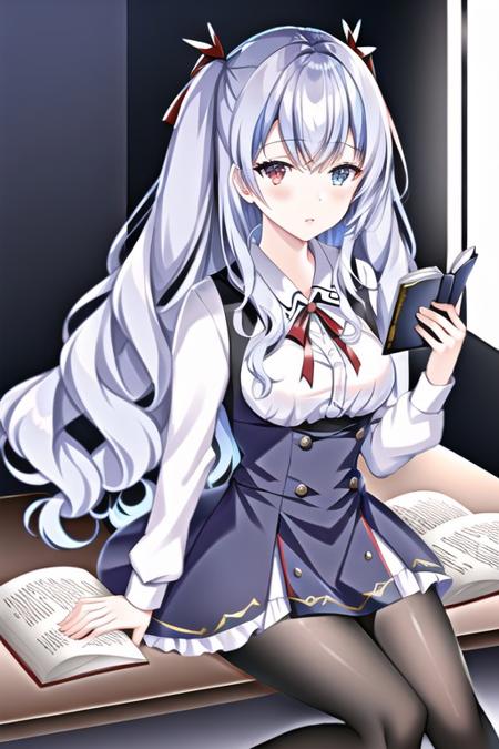 (extremely detailed CG unity 8k wallpaper), (((best quality))),1 girl,(reading book),(heterochromia_blue_red:1.3),beautiful detailed eyes,(silver hair),long hair,small breasts,black hair_ribbon,dramatic angle,(dynamic pose)
, <lora:lora_ensemble_29a-000010:0.85>