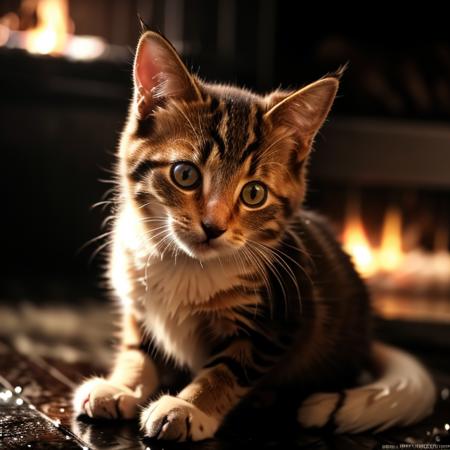 a low light photo of a young kitten, cat, feline, detailed fur, glamor photography, looking at viewer, dark, dark room, night, fireplace, frown expression,  4k high quality, sharp focus, high resolution, depth of field, indoors, studio lighting, wet, shower, rain, water droplets,  <lora:sinfulxxx:0.7>