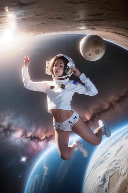 (8k, RAW photo, best quality, masterpiece:1.2), (realistic, photo-realistic:1.37), (1girl, in the air), full body, deep depth of space, universe background, Mysterious planet,(white shirt, white shorts),1 planet,((Astronaut helmet,reflective)),<lora:arknightsTexasThe_v10:0.1>