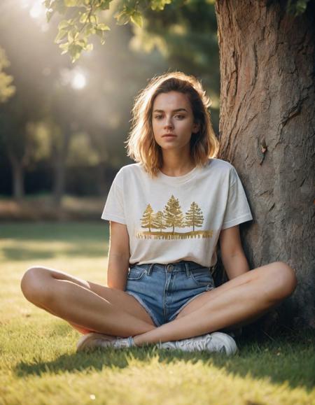 cinematic portrait photo of a woman, sitting on the grass near a tree wearing a t-shirt and shorts, golden hour, 35mm photograph, film, professional, 4k, highly detailed 