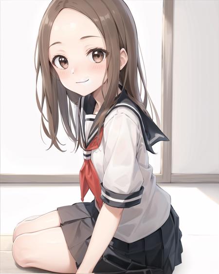 best quality,highly detailed,masterpiece,ultra-detailed,solo,(1girl),Delicate eyes,(white background:1.3),takagi-san,school_uniform, serafuku, skirt, sailor_collar,forehead, long_hair, black_sailor_collar, pleated_skirt, brown_eyes, blush, brown_hair, smile, short_sleeves, black_skirt,red_neckerchief, closed_mouth, bangs, looking_at_viewer, neckerchief, wariza, sitting,