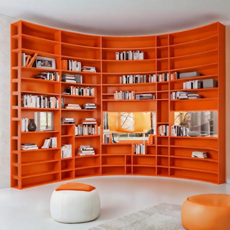 a modern room with a bookcase,  <lora:Ahn:1>, (curved walls:1.3), (burnt orange theme:1.3)