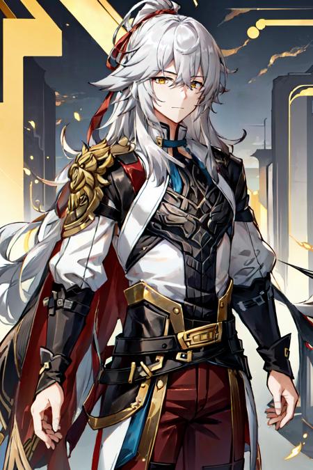 jing yuan(hsr),1boy , male focus , solo ,armor , long hair , white hair ,yellow eyes, hair over one eyes , red ribbon , red pant ,standing