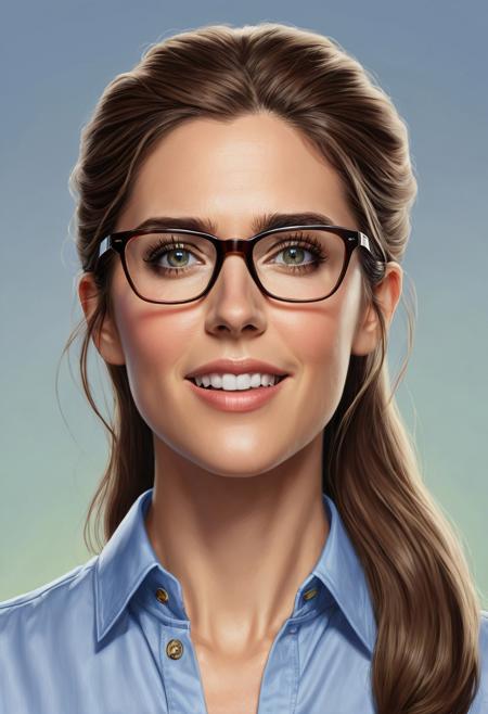 A photorealistic Portrait of Woman (Katie Jackson In Glasses) from the movie Bruce Almighty as a character in the game Terraria.