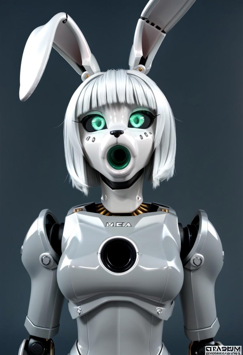 A 35mm photo of a beautiful robotic woman, she has a robotic  anthropomorphic robotic rabbit head, robot, rabbit nose, rabbit teeth, green rabbit eyes, freckles, grey rabbit fur, cat fur, grey rabbit ears, silver hair, silver mesh bodysuit, robotic joints
Robot girl, Mecha, Android, mechanical limbs, robot joints, metal skin, black sclera, no mouth, armor, glowing eyes, no face, gaping mouth hole, _COLOR_ lips, ribbed inner mouth