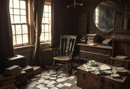 Captured with a Canon EOS R5, the scene features soft ambient light diffused through dusty attic windows. An old rocking chair sits among scattered relics—faded postcards, crumpled letters, and stacks of forgotten books.
A torn velvet curtain sways with the breeze, filtering light into the space. The air is thick with the scent of aged wood and musty paper. A phonograph stands in the corner, its needle poised above an untouched record, waiting to play a tune from another time. A chipped porcelain teacup sits abandoned on a nearby table, beside a dried-out fountain pen. A wooden trunk, its brass hinges tarnished with time, sits ajar, revealing delicate lace dresses and forgotten love letters tied together with frayed ribbon. Cobwebs cling to the corners of an antique mirror, distorting reflections like ghostly echoes of the past. The floor creaks underfoot, as if whispering forgotten names, while an empty birdcage, its door ajar, hints at something once treasured but now lost to time.