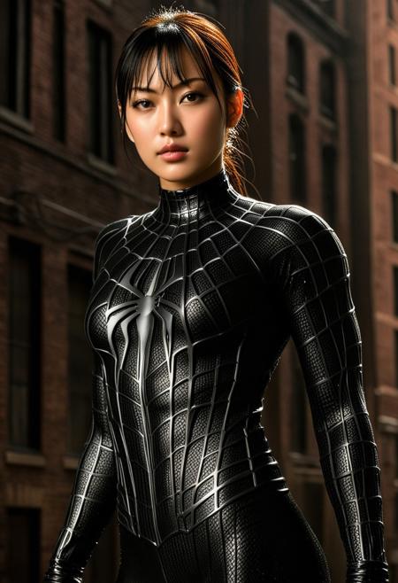 score_9, score_8_up, score_7_up, best quality, realistic, masterpiece, beautiful detail, hyperrealistic, woman ((1girl, woman body, big breasts)), amazing detailed full body portrait of a beautiful japanese girl, wearing a realistic and highly detailed black raimi spider-man suit, ((huge muscular girl)), professional model wears ultra - detailed black raimi spider - man suit, ultra - detailed and grained black raimi spiderman suit, suit covered entire body and hand, black spiderman gloves, wet, (dynamic pose), (full body), (dirty skin), close up, octane render, highly detailed, volumetric, dramatic lighting, (highest quality:1.1), (HDR:1.3), (top quality, best quality), realistic, high definition,