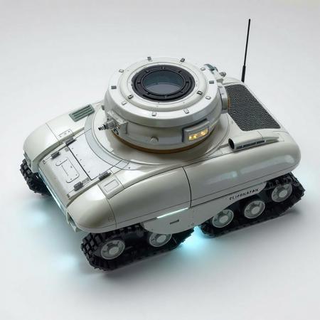 ((top view)), (tank),
Compact boxy tank with soft rounded edges and a rotating nanite field ring on top.
Chassis: Smooth pearl-colored plating grown from engineered minerals. Gentle concave hull lines simulate growth rings.
Tracks: Small caterpillar treads reinforced with self-healing mesh. Slightly translucent armor skirts.
Details: Repair drones dock into dorsal ring. Nanite discharge ports glow when self-repairing.
Lights: Constant soft white glow beneath tank; nanite ring pulses when active.