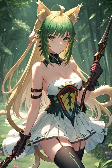 best quality, masterpiece, highres, solo, {atalanta_fgo:1.15}, animal_ears, cat_ears, green_hair, long_hair, green_eyes, multicolored_hair, blonde_hair, ahoge, two-tone_hair, bangs, gradient_hair, breasts, 1girl, bow_\(weapon\), dress, tail, thighhighs, weapon, cat_tail, gloves