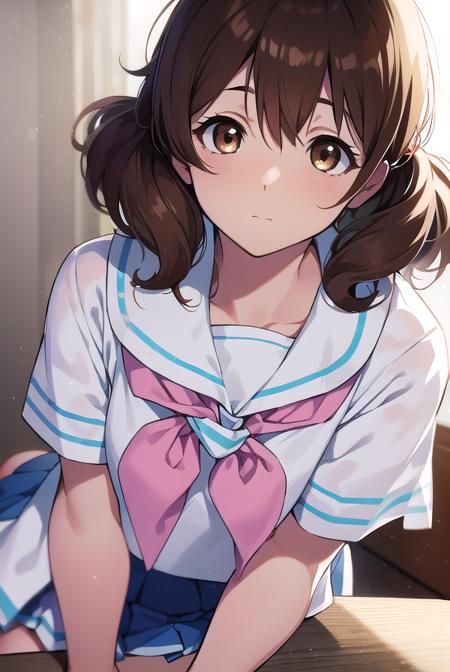 kumikooumae, <lora:kumikooumaetest:1>, 
kumiko oumae, (brown eyes:1.5), brown hair, short hair, wavy hair, (flat chest:1.2),
BREAK blue skirt, bracelet, kitauji high school uniform, neckerchief, pink neckerchief, pleated skirt, school uniform, serafuku, shirt, short sleeves, skirt, white shirt,
BREAK looking at viewer,
BREAK indoors, classroom,
BREAK <lora:GoodHands-vanilla:1>, (masterpiece:1.2), best quality, high resolution, unity 8k wallpaper, (illustration:0.8), (beautiful detailed eyes:1.6), extremely detailed face, perfect lighting, extremely detailed CG, (perfect hands, perfect anatomy),