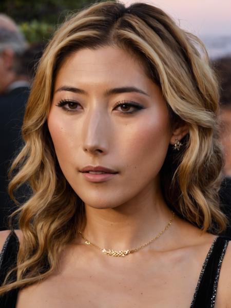 (dichen_lachman), high quality, 4k, highly detailed, 1girl, (highly detailed skin), sunrise,(golden hour),outside, gorgeous, (realistic face), fashion, close-up, necklace, (black dress:1.1), <lora:dichen_lachman_sdxl_2500:0.7>