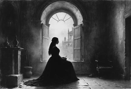 Charcoal Drawing, Crayons, Black Pencil Drawing, Pencil Drawing, Black and White Drawing, Graphite Drawing, Masterpiece, ((Masterpiece, Best Quality, High Quality, High Resolution, Ultra Detail)), (Best Quality, 8K, High Resolution, Exceptional Detail, outstanding composition: 1.4), art by Jeremy Mann, dramatic lighting, hard-painting aesthetic: 0.1), subdued digital painting of the Mona Lisa sitting in her castle and holding the audience. The room is dusty, rays of light cut through the darkness, creating a gloomy atmosphere. Mona Lisa watches the siege of the city from the window of her castle, her expression both powerful and contemplative. The room is detailed, has intricate Roman architecture and subtle hints of luxury and decadence. Capture the intrigue and drama of Ancient Rome in this exciting and detailed work of art