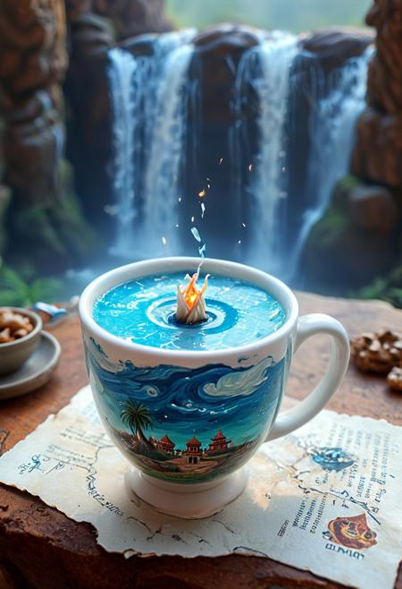 SilverPulse,tilt-shift photo of best quality double exposure complex surreal painting on cracked paper, macro, microworld,  hyperdetailed,   insanely detailed, surreal, tiny genie spirit creature, flying oasis landscape placed inside a cup on the table in room. waterfall, lotus flowers,temple palms desert filigree, table cinematic, big eyes 32k, by Rockwell, WLOP Ryniac, Craola, Disney, van Gogh, highly detailed, intricated, intricated pose, high quality, centered, perfect composition.,
<lora:Midjourney_-_SemiReal_Dreams_FLUX_LoRA:1>,<lora:hyper-detail-illustration:1>, Selective focus, miniature effect, blurred background, highly detailed, vibrant, perspective control
