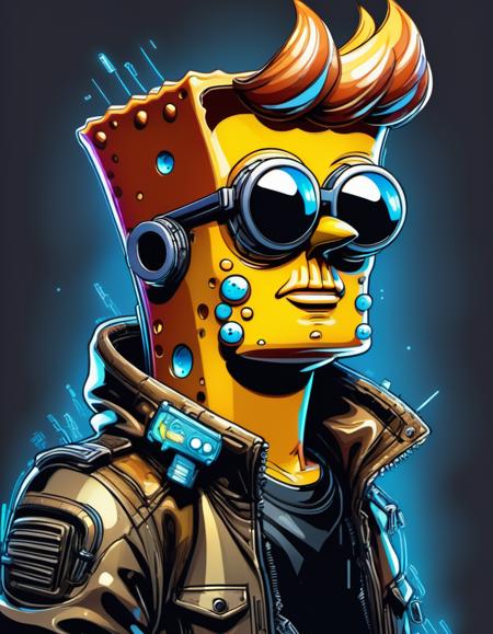 vector cartoon illustration of Cyberpunk spongebob squarepants looking surly in sunglasses and a leather jacket in a dystopian Blade Runner future by Masamune Shirow and J C Leyendecker <lora:Vector cartoon illustration-000008:1>