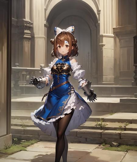 nsfw, (best quality, masterpiece, highres:1.4),  a portrait of a girl, standing, full body, 
1girl, brown hair, brown eyes, gauntlets, pantyhose, solo focus, armor, blue dress, looking at viewer, dress, bow, frills, hair bow, hair between eyes,  puffy sleeves, short sleeves, black pantyhose, breasts, long hair, , white bow,  braid, bangs, armored dress,  frilled dress, puffy short sleeves,medium breasts, breastplate, medium hair,  brown pantyhose, belt, brooch, ribbon, jewelry,  frilled sleeves, hair ornament, skirt, shoulder armor, white shirt, pelvic curtain,  shirt,  gem,  blue bow,   large breasts, short hair, hair ribbon, (tareme), petticoat, facial mark,  french braid, 
   <lora:Maisha1:1>, castle town in background,