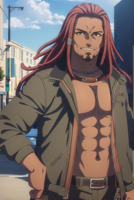 brawler, (brown eyes:1.5), male focus, red hair, facial hair, hair tubes, navel, jacket, open clothes, belt, pants, open jacket, abs, green jacket,