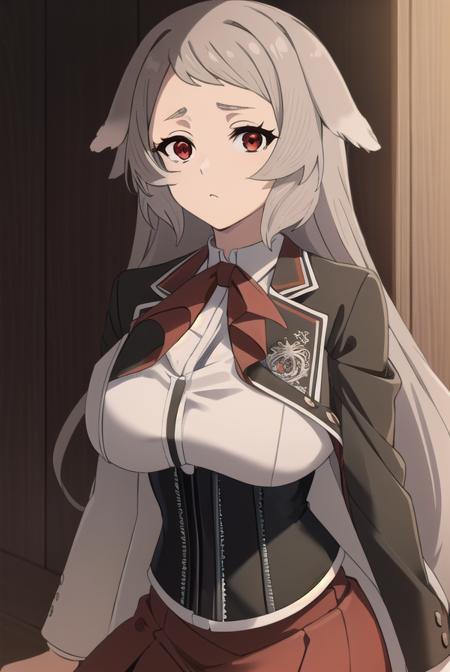 pursenaadoldia, <lyco:pursenaadoldias2-lyco-nochekaiser:1>,
pursena adoldia, long hair, (red eyes:1.5), animal ears, very long hair, grey hair,
BREAK skirt, long sleeves, pantyhose, frills, shoes, red skirt,  loafers, white pantyhose, blazer, (white blazer:1.5), corset, (black corset:1.5),
BREAK indoors, classroom,
BREAK looking at viewer, (cowboy shot:1.5),
BREAK <lyco:GoodHands-beta2:1>, (masterpiece:1.2), best quality, high resolution, unity 8k wallpaper, (illustration:0.8), (beautiful detailed eyes:1.6), extremely detailed face, perfect lighting, extremely detailed CG, (perfect hands, perfect anatomy),