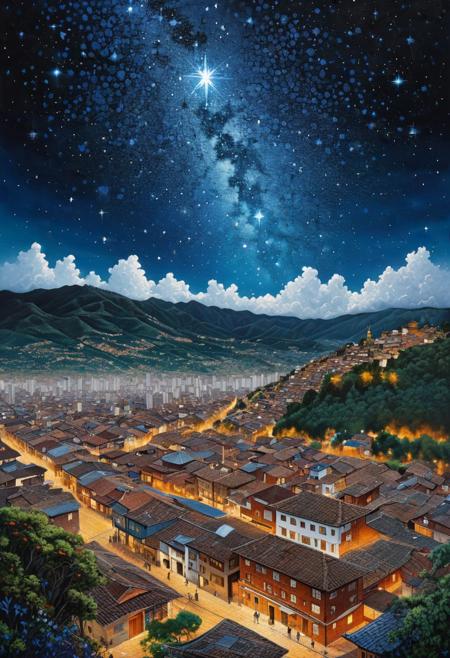 landscape of a Bogota Colombia, Stars in the sky, Japonism Art, highly detailed, <lora:detailed_notrigger:1>