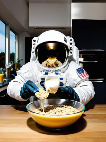 With deliberate precision, the astronaut:1.2 pours cereal into a bowl:1.1, the milk:1.15 splashing gently, a cosmic breakfast ritual. , <lora:Astro_Life:0.8>