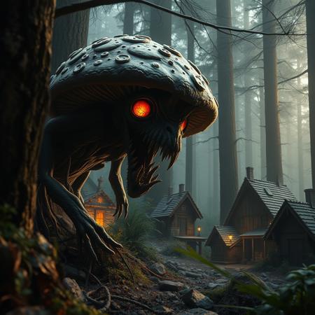 (masterpiece sci-fi dark gritty hyperrealisitic concept art 8k)  fungi capibara zombie thing attacking a cozy perfect forest town, menacingly close up,   atmospheric lighting, dappled light forest
