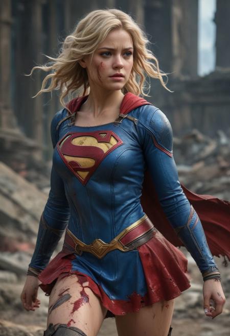 High resolution ultra-realistic of beautiful Supergirl with wavy blonde hair, Greg Rutkowski, Intricately Designed Handsome dirty bloody face, Realistic beautiful blue eyes, Atrractive 21 years old woman, clad in intricate dirty torn combat costume, red mini skirt, blood-smeared, DC Comics elements, Standing on the battlefield in the bloody carnage, burning ruins of buildings, fighting pose, full body, Intricately Designed combat costume, 8K, ultra-realistic body, Beautiful Warrior Supergirl with wavy blonde hair, realistic dirty and bloody face, realistic beautiful blue eyes, defiant and seductive, covered in dirt and blood, Cinematic Lighting, sharp focus, digital painting, Photograph Taken on Nikon D750, Alphonse Mucha, 8K, athletic figure, Hyperdetailed, hyperrealism