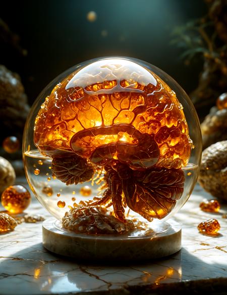 improved cinematic photo, 35mm photograph, film, professional, 4k, highly detailed, An amber fragment enclosing a Human Brain, The amber fragment is a smooth, slightly irregular sphere, roughly the size of a marble, with a warm golden-brown hue. Its surface is polished, gleaming softly under light, revealing a mesmerizing play of golden, honey, and orange tones. Tiny air bubbles and organic inclusions are scattered throughout, lending it a sense of antiquity and natural complexity. Inside, a perfectly preserved Human Brain lies suspended in time, its delicate body encased in the translucent amber. Around the Human Brain, subtle striations and minute organic fragments, possibly plant material or dust, create a vignette that frames the insect. The amberâs clarity varies in places, with some sections slightly cloudy, further accentuating the Human Brain as the focal point. The fragment feels timeless, a tiny time capsule offering a glimpse into a prehistoric world millions of years ago <lora:add-detail-xl:1.0><lora:aidmaMidjourneyV6.1-v0.1:0.9><lora:SDXLFaeTastic2400:0.8>