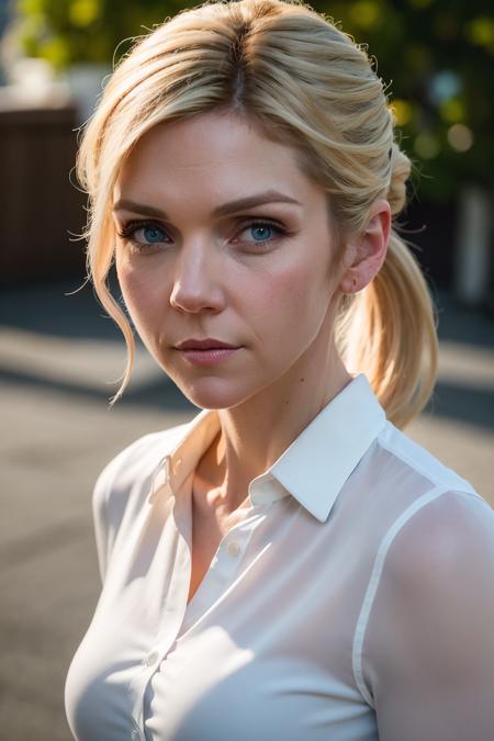 Kim Wexler, 8k, RAW photo, best quality, masterpiece, (realistic:1.2), outdoor, (white shirt:1.1), blue eyes, blonde hair, ponytail, portrait, <lora:kim_wexler:1>, smile