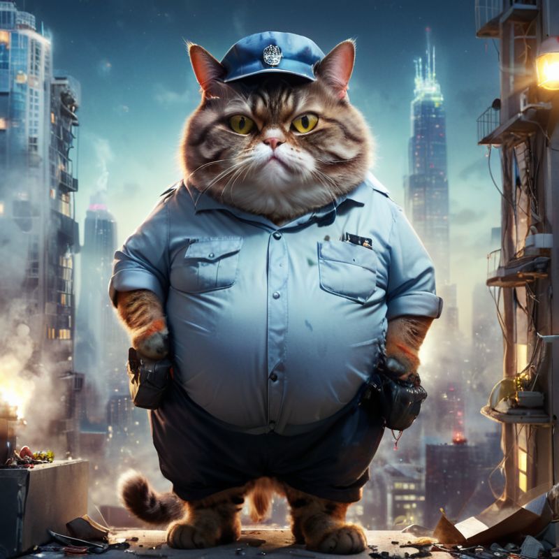 A cartoon image of a fat cat wearing a police uniform.