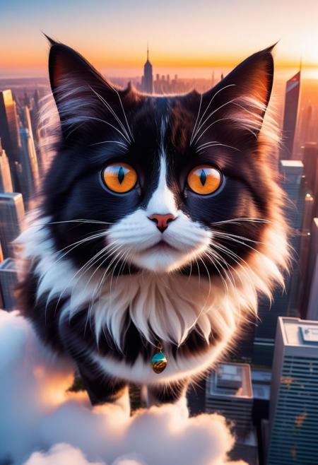A captivating illustration of a ((cute cat)) with ((huge)) ((oversized)) ((manga-style eyes)), feline is gazing very longingly into the camera lens. The cat's fluffy fur contrasts with its sleek black attire, and it sits on a transparent cloud, as if levitating above the ground. The background showcases a vibrant cityscape with towering skyscrapers and a dramatic sunset, creating a delightful mix of urban and whimsical elements, from above