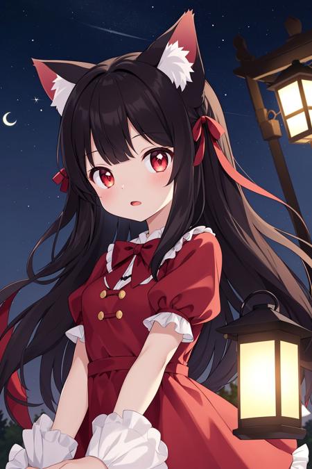 1girl,solo,animal ear fluff,animal ears,cat ears,bangs,black hair,red eyes,(upper body:1.2),bow,dress,frills,lantern,long hair,very long hair,long sleeves,looking at viewer,paper lantern,puffy short sleeves,puffy sleeves,red bow,red ribbon,short sleeves,sky,night sky,outdoors,star \(sky\),starry sky,night,lamppost,