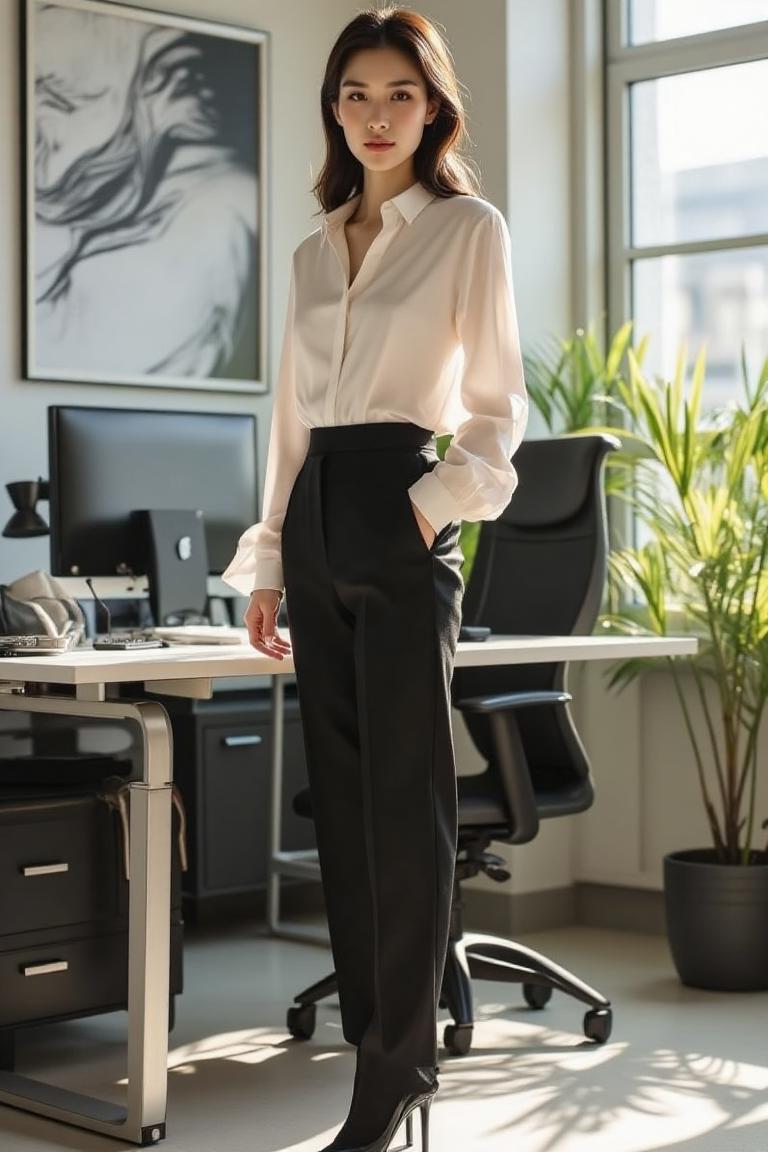 A stunningly beautiful Japanese woman stands confidently in a modern office setting. She is dressed in a crisp white shirt, elegantly tucked into her tailored black pantyhose, which accentuates her long legs. Completing her sophisticated look, she wears sleek black high heels that add to her height and poise. Her radiant fair skin glows under the office's bright lighting, highlighting her features in a photorealistic manner.

Her full-body stance showcases a strong, confident demeanor, with her posture exuding professionalism. The background is equipped with modern office furniture, including a stylish desk, an ergonomic chair, and state-of-the-art office equipment that reflects a contemporary workspace. A large window allows natural light to filter in, casting a warm glow that adds to the inviting atmosphere. This scene captures both elegance and competence, emphasizing her good anatomy and thoughtful fashion sense as she embodies the modern professional woman.