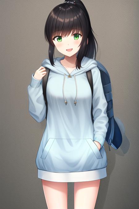 masterpiece, best quality, highres, solo, {fubuki_kantaicollection:1.10}, black_hair, ponytail, short_ponytail, serafuku, sidelocks, low_ponytail, green_eyes, smile, open_mouth, 1girl, hood, hooded_jacket, looking_at_viewer, hoodie, jacket, polka_dot, white_jacket, blue_dress, dress, polka_dot_dress, anchor_symbol, backpack, bag, drawstring, alternate_costume, cowboy_shot, long_sleeves