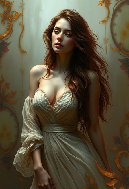 a painting of a woman with long hair and a dress, digital art inspired by Karol Bak, Artstation, figurative art, karol bak uhd, style of karol bak, karol bak and peter mohrbacher, amano and karol bak, sensual painting, gorgeous digital painting, beautiful digital artwork, gorgeous digital art, beautiful gorgeous digital art