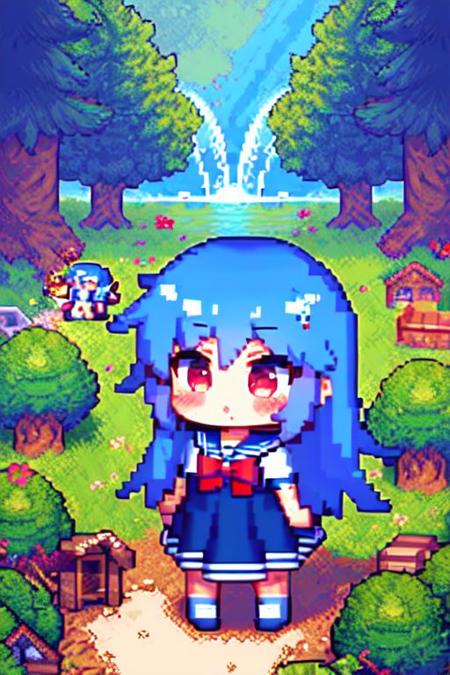 masterpiece, best quality,  pixel art , 
1girl ,blue dress, sailor collar, bowtie, (chibi:1.3)
very long hair, blue hair, multicolored hair, blush, 
 grass, tree, scenery, water,