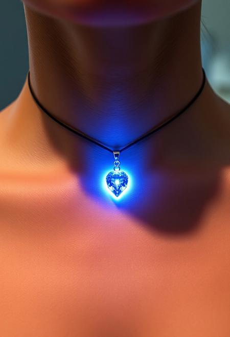 subdermal LED sapphire pendant, (internal LED glow:1.6), (embedded LEDs:1.7) forming a glowing sapphire-like point beneath the skin at the center of the collarbone, soft radiant light mimicking a gemstone beneath the skin, (sapphire-like glow:1.5), iconic pendant design under the skin, natural skin tone with smooth light diffusion, (high-definition:1.6), (ultra-realistic skin textures:1.7), seamless integration of light beneath the skin, radiant sapphire effect, (worn jewelry:-1.8), (visible pendant:-1.8), (unnatural glow:-1.6), soft light transitions under the skin, modern tech beauty, elegant and versatile for both formal and casual settings