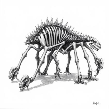 weird cryptic sketch, archaeology, giant fossil, multiple dinosaur skeletons, 8 legged creature with dinosaur skulls on the ends, spines, bones, 8 legs, creature, ribs, ugly