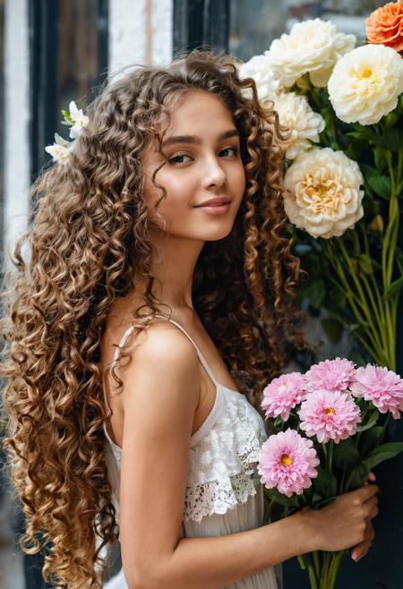 The most beautiful young girl in the world, feminine body, long curly hair with flowers, playful, romantic, in love, near flower shop