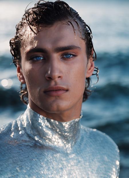 (studio portrait:1.2) of  beautiful 20 years old beautiful boy ihtiandr <lora:ihtiandr:0.7>, dreaming look on his face, wearing silver bodysuit, wet hair, dreamlike blue eyes, big waves, evening, sharp focus, epic lighting, detailed face, subsurface scattering, f2, 35mm