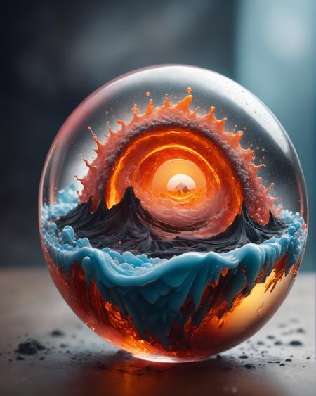 ultradetailed ultrarealistic, of a lava avalanche in a glass sphere, a perfect photography by Mark Mann and Ashraful Arefin ,muted wet colors, intricate artwork masterpiece <lora:hyperkraximalism_v1-1:0.25>