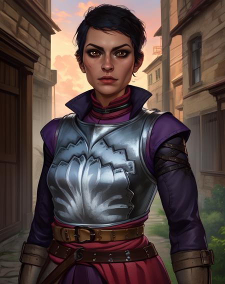 Cassandra,brown eyes,very short black hair,
brown gauntlets,breastplate,belt,red undershirt,purple sleeves,
standing,upper body,
training dummy,outside,morning,
(insanely detailed, beautiful detailed face, masterpiece, best quality),solo,<lora:Cassandra-10DAIv8:0.8>,