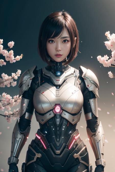 beautiful japanese young woman, wearing cyborg armor, thick symmetrical features, very short hair, background is cherry blossoms, pink aura, red lips, octane render, <dhevv:c-style:e>