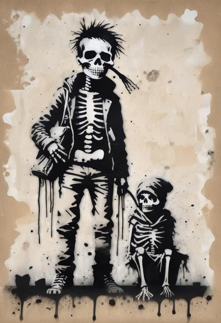 <lora:Banksy Style:1> Banksy Style page, banksy stencil print of a homeless punk skeleton wearing a  robber mask over his mouth, simple background