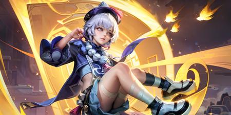 masterpiece, best quality, <lora:wzry-max:1>, <lora:qiqi:1>,1girl,solo,qiqi \(genshin impact\), blue hair,hat,qing guanmao, chinese clothes,bandages, full body