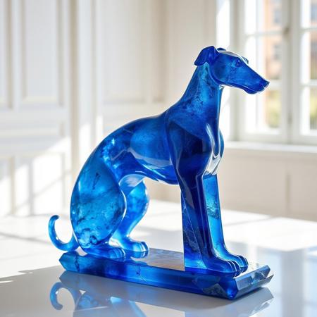 A realistic photograph of a dog sculpture made from a solid piece of sapphire. The sculpture depicts an elegant Greyhound, painted in various shades of blue that highlight the stone's luster and the play of light. The sculpture is placed in a bright white sunny room, where soft light creates beautiful reflections and shadows on the surface.